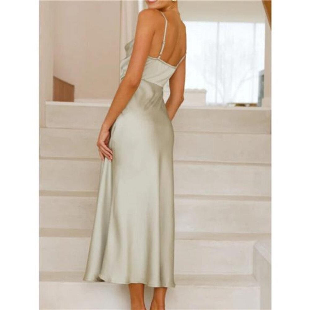 Satin Asymmetrical Midi Dress - Picture 12 of 16